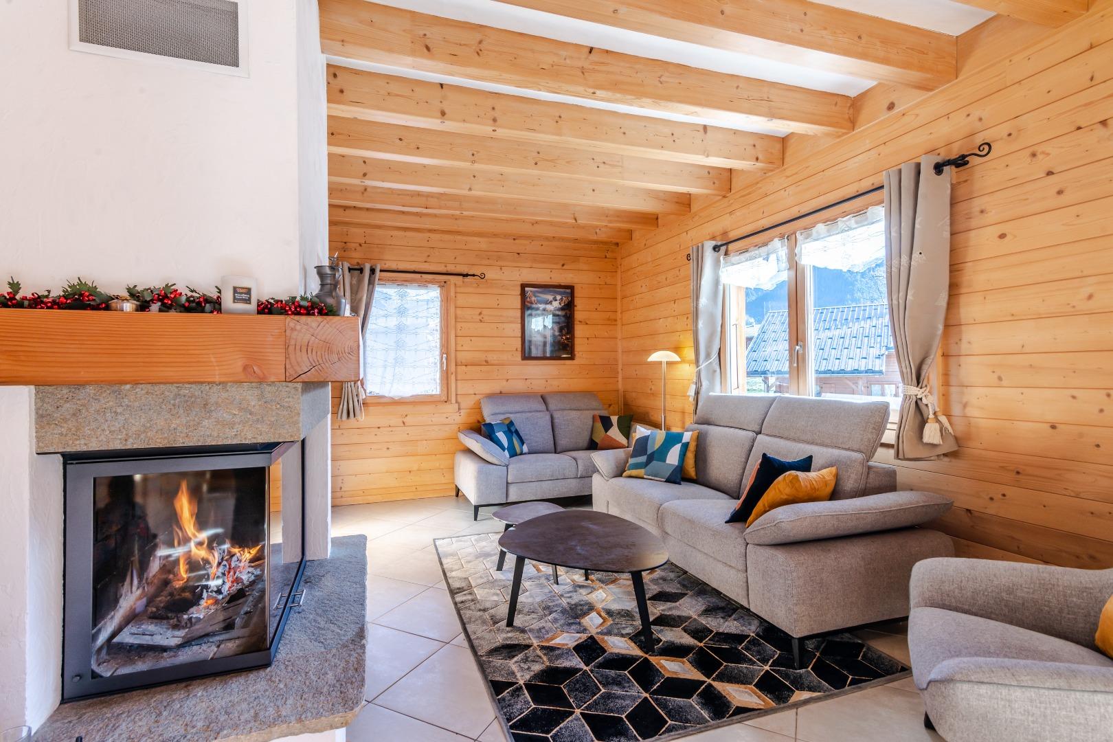 Salon avec télévision et cheminée pour les soirées d'hiver
